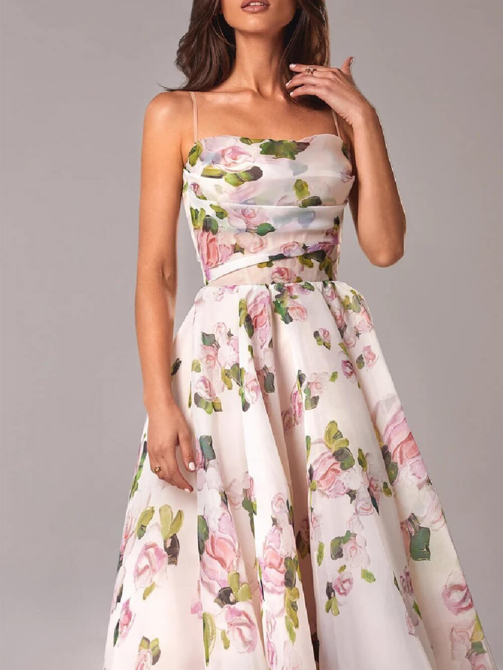 Segolene | Floral Wedding Guest A-Line Midi Dress with Spaghetti Straps for Women