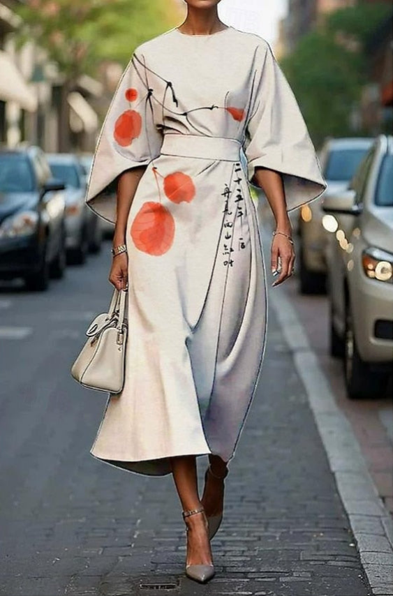 Piper | Floral Midi Dress with Kimono Sleeves and Belt for Women