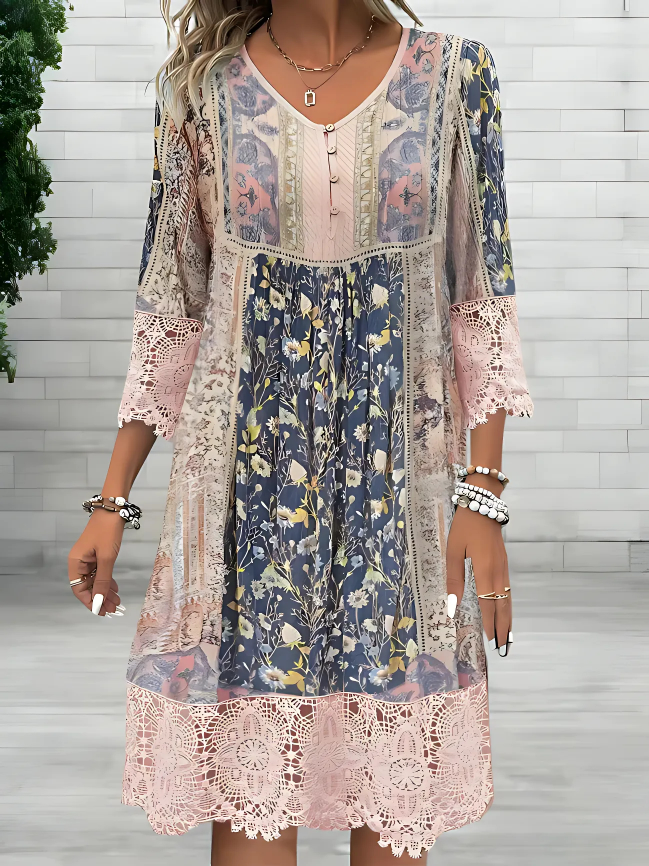 Anna | Boho Printed V Neck Midi Dress