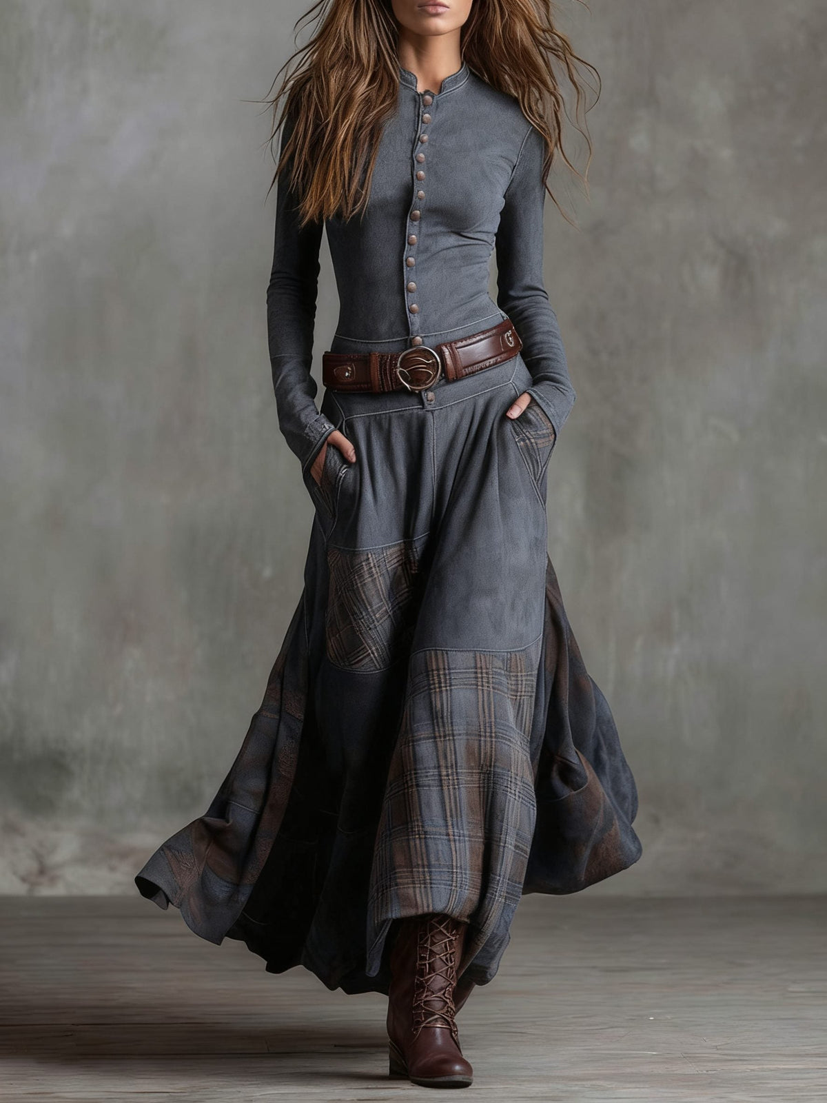 Anca | Patchwork Maxi Dress with Long Sleeves and Belt for Women