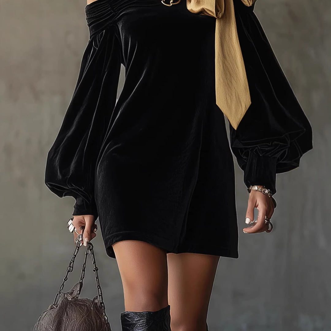 Anja | Velvet Off-Shoulder Mini Dress with Puff Sleeves for Women
