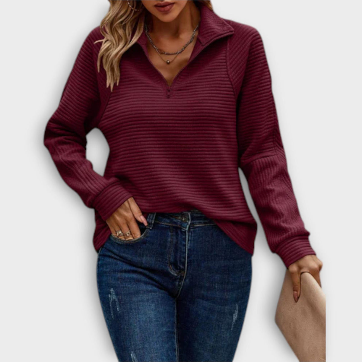 Elisa | Ribbed Knit Half-Zip Sweater with V-Neck for Women