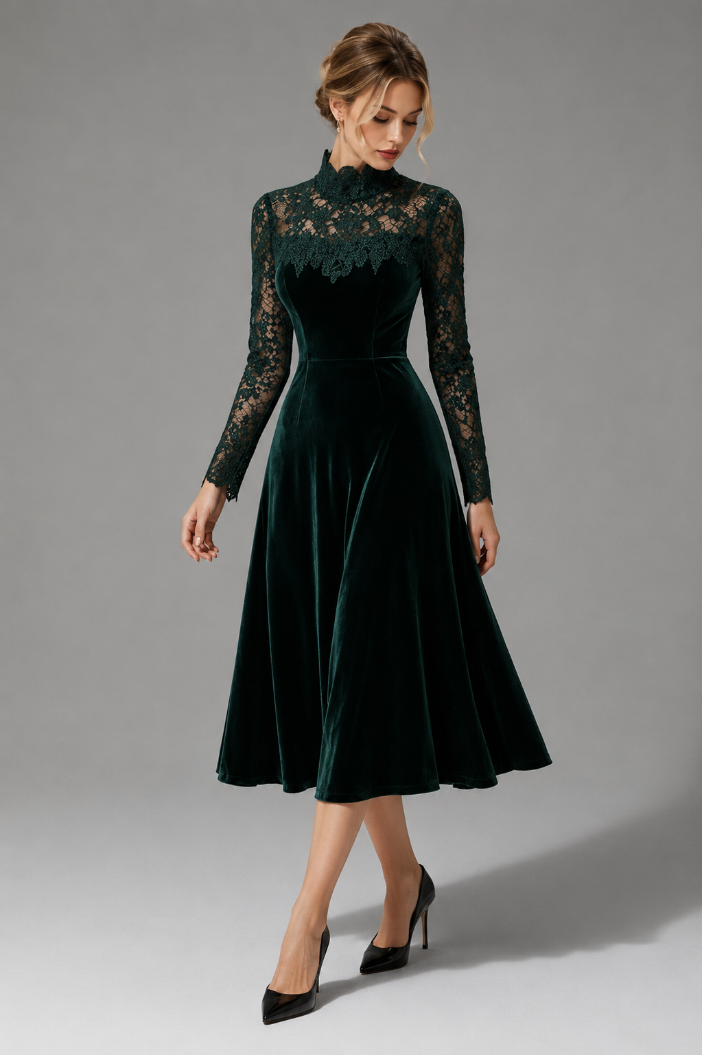 Felicity | Lace Fall Wedding Guest Midi Dress with Turtleneck for Women