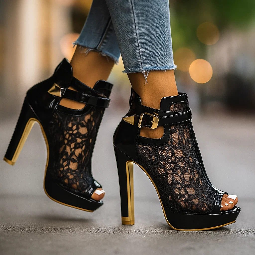 Halcyon | Lace Platform Heels with Peep Toe and Ankle Strap for Women