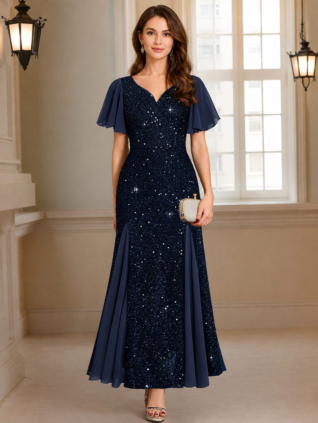 Hyacinth | Sequin Maxi Dress with V-Neck and Flutter Sleeves for Women