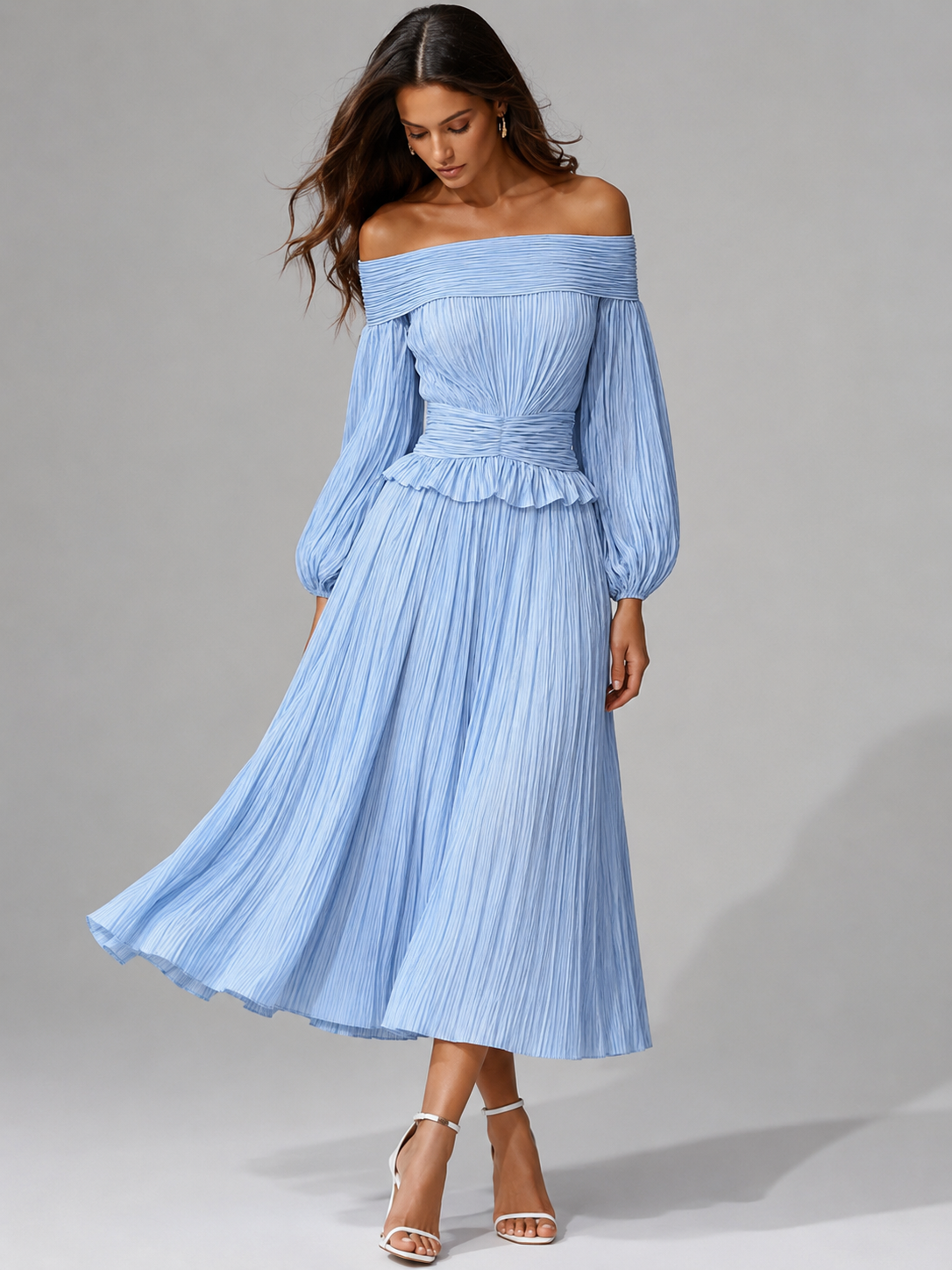 Mabel | Fall Wedding Guest Off-Shoulder Pleated Midi Dress for Women