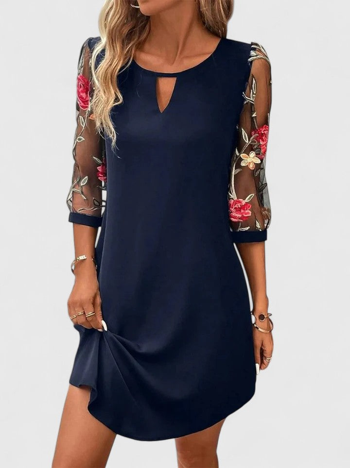 Elise | V-Neck Midi Dress with Sheer Floral Sleeves for Women