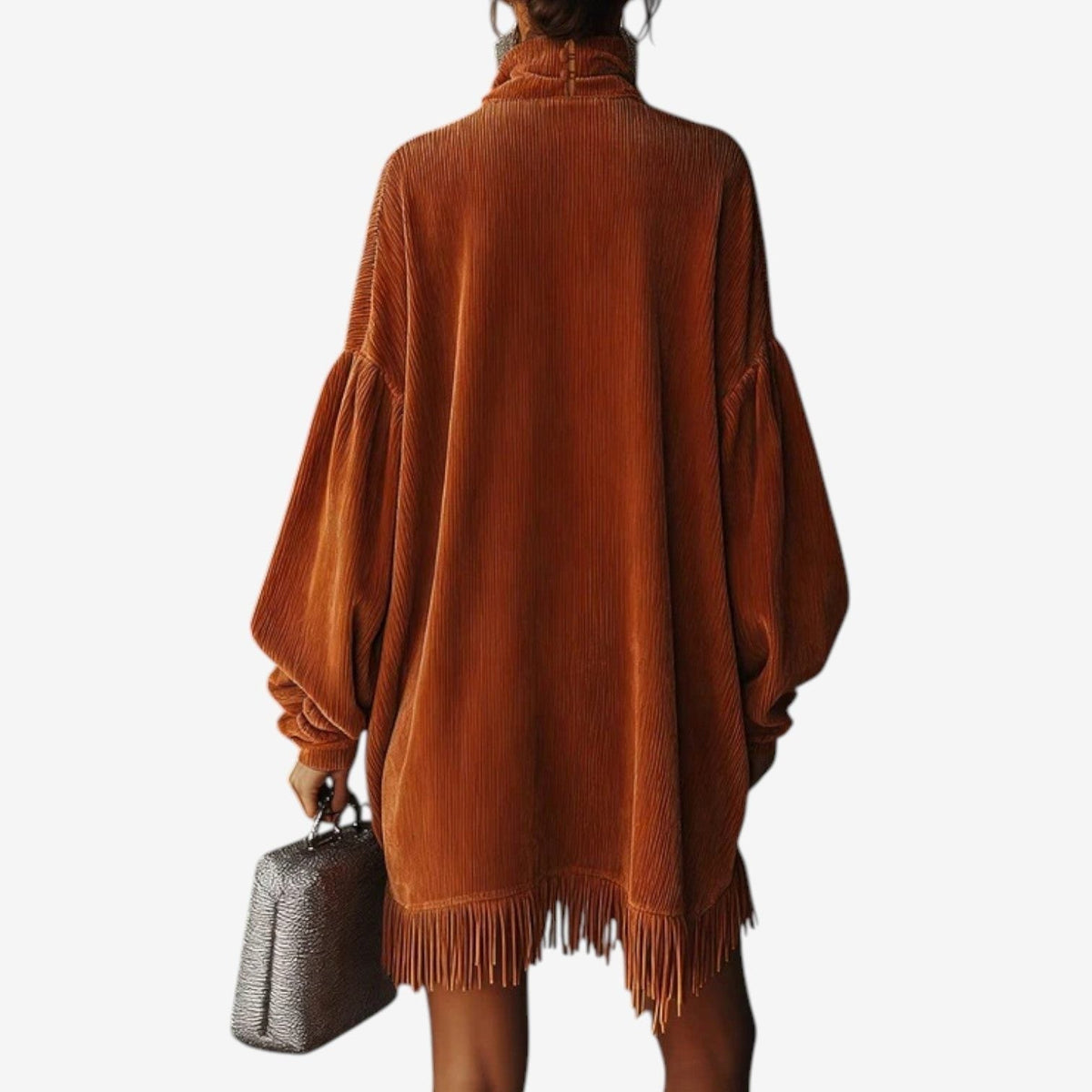 Meri | Ribbed Knit Dress with Turtleneck and Fringe Hem for Women