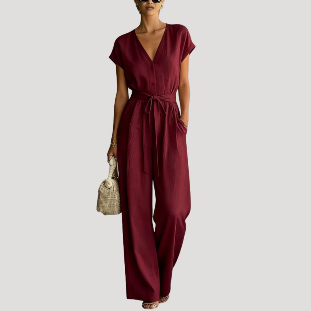 Ophelia | V Neck Wide Leg Tie Waist Jumpsuit