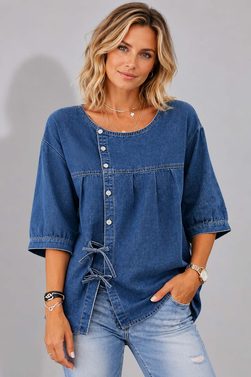 Reign | Denim Loose Fit Button-Down Blouse for Women