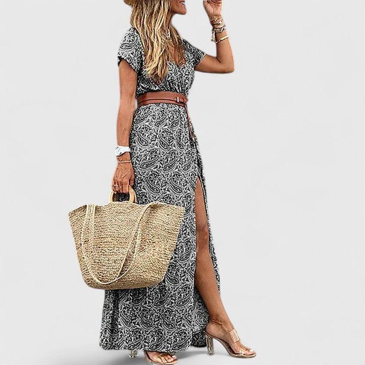 Elena | Short Sleeve Wrap Maxi Dress with Slit for Women