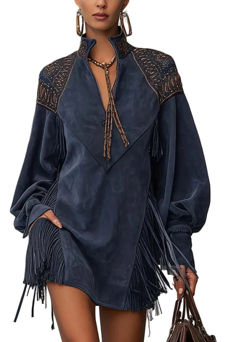 Serena | Faux Suede Mini Dress with Embroidery and Tassel Fringe for Women