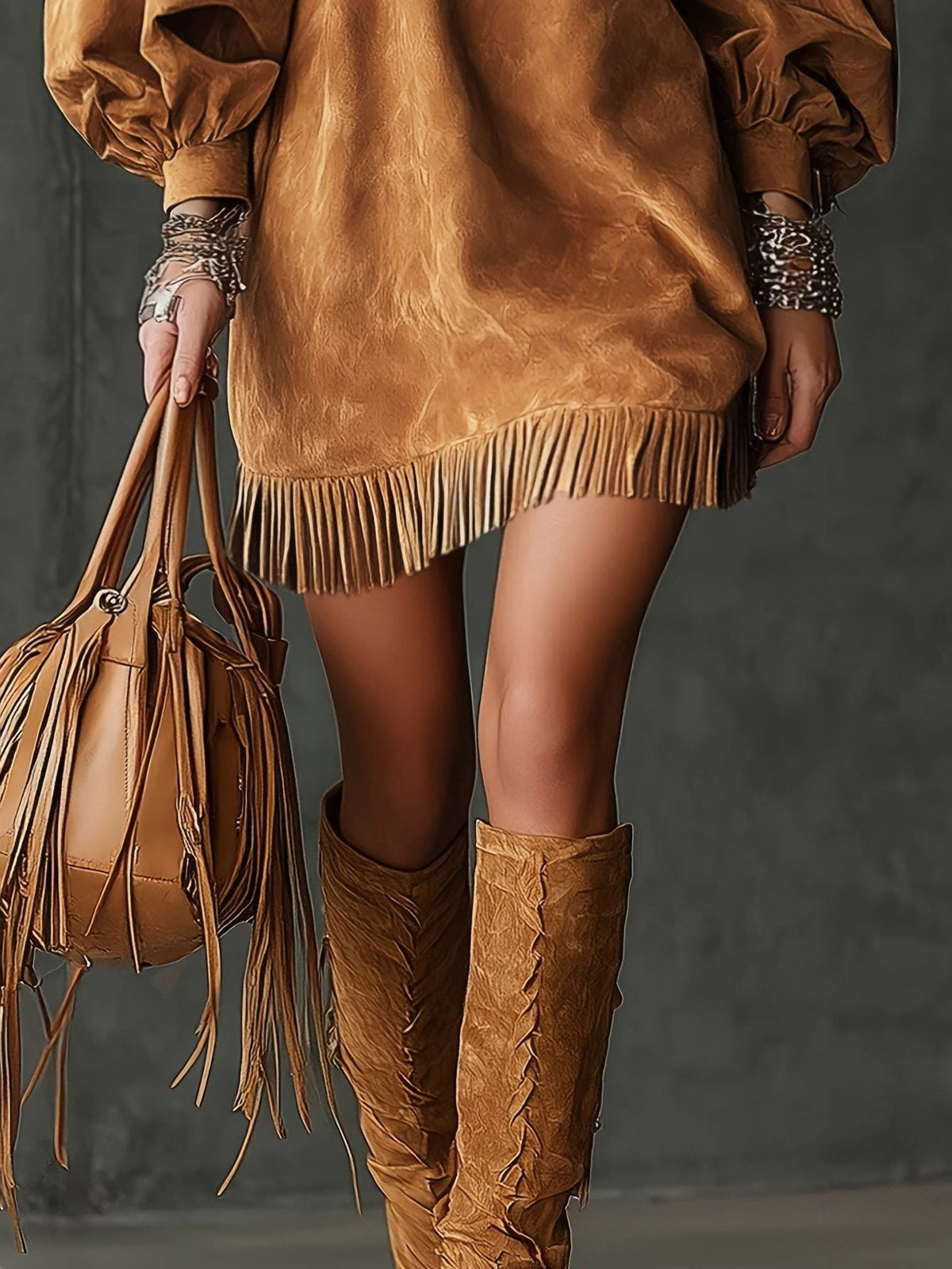 Tabitha | Suede Maxi Dress with Bell Sleeves and Fringe for Women