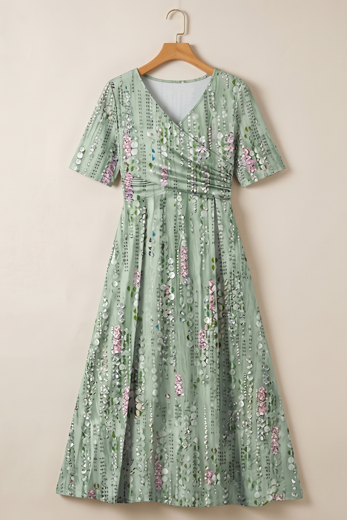 April | V-Neck Floral Midi Dress with Short Sleeves for Women