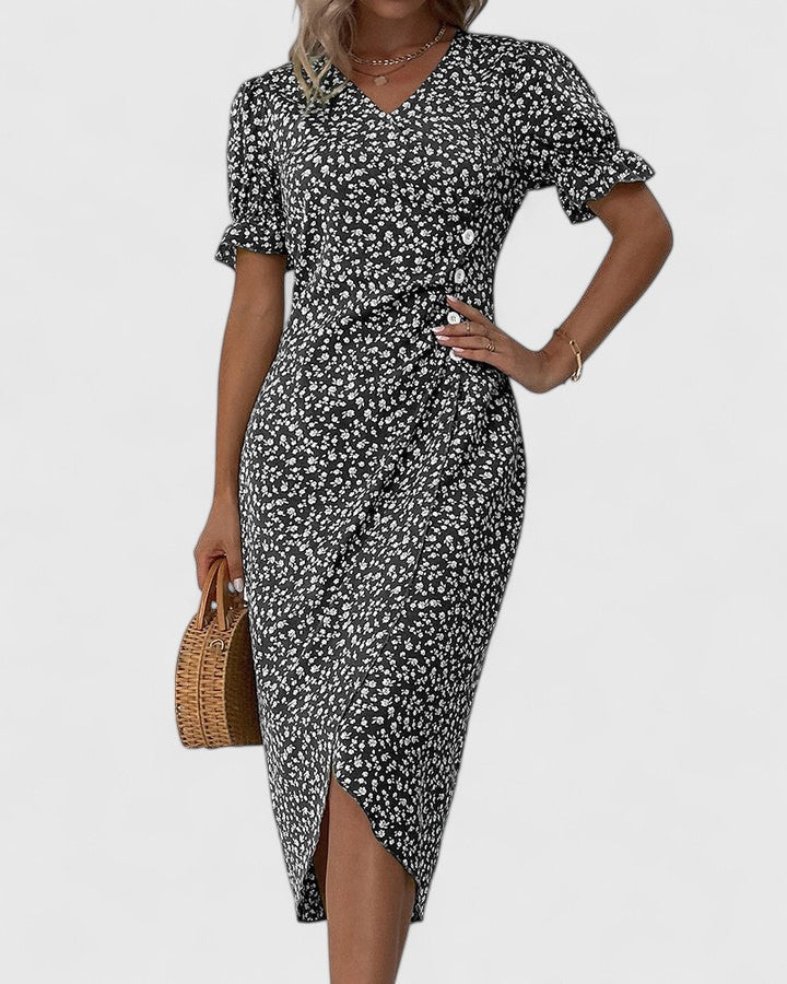Amilia | Floral Wrap Midi Dress with Short Sleeves for Women