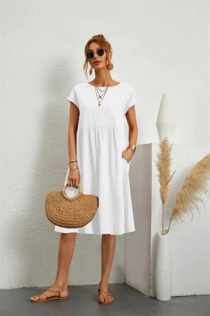 Cecelia | A-Line Midi Dress with Short Sleeves and Side Pockets for Women