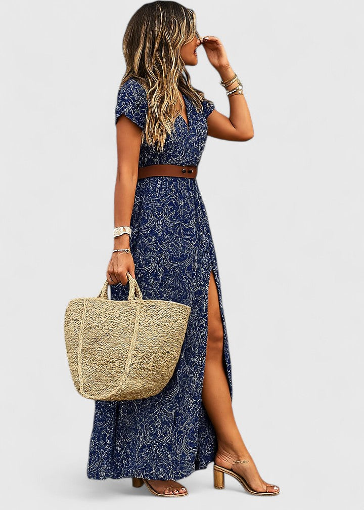 Elena | Short Sleeve Wrap Maxi Dress with Slit for Women