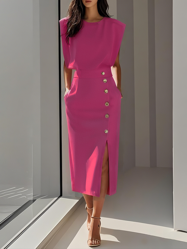 Anthea | Sleeveless Midi Dress with Button-Front for Women