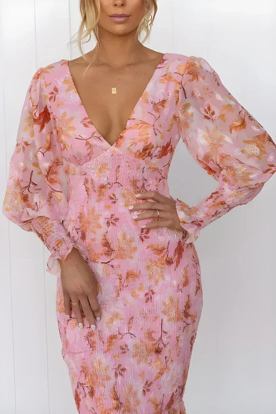 Vilhelmina | Floral Wedding Guest Midi Dress with V-Neck and Puff Sleeves for Women