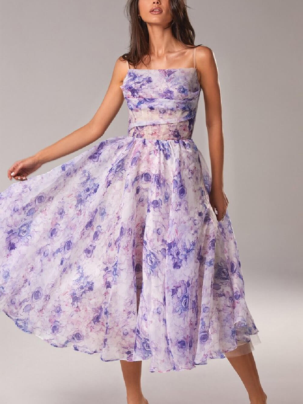 Segolene | Floral Wedding Guest A-Line Midi Dress with Spaghetti Straps for Women