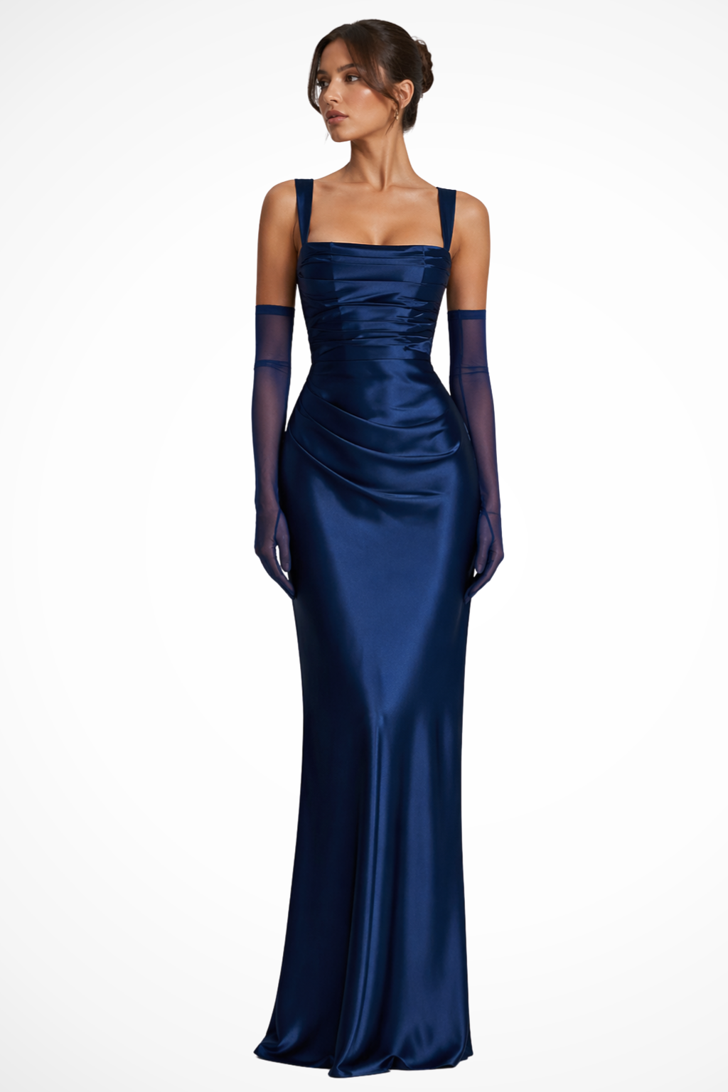 Vivienne | Satin Wedding Guest Ruched Maxi Dress with Square Neck for Women
