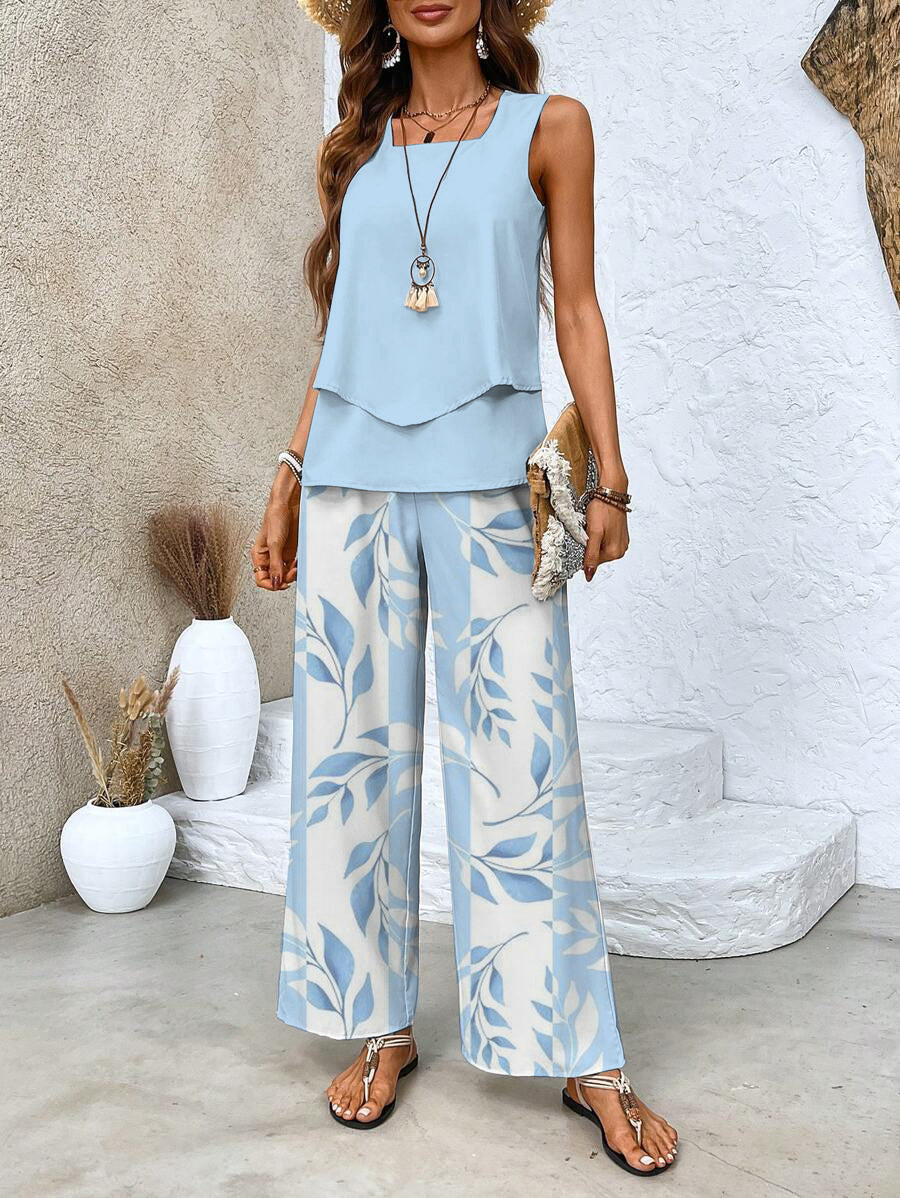 Dina | Wide Leg Leaf Print Pants Set for Women