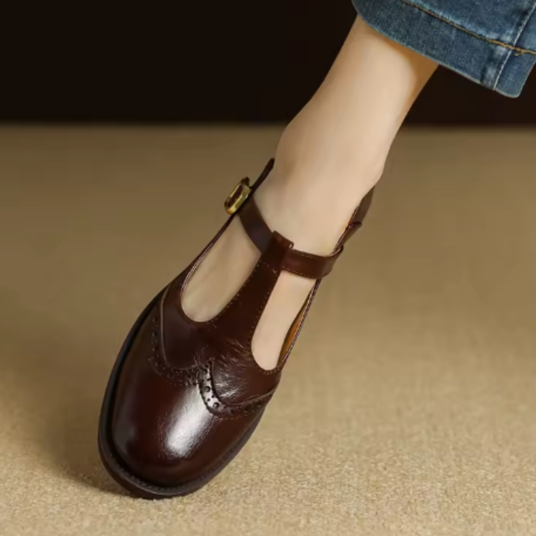 Nadine | Leather T-Strap Low Block Heel Mary Janes
