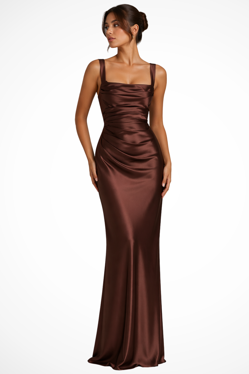 Vivienne | Satin Wedding Guest Ruched Maxi Dress with Square Neck for Women