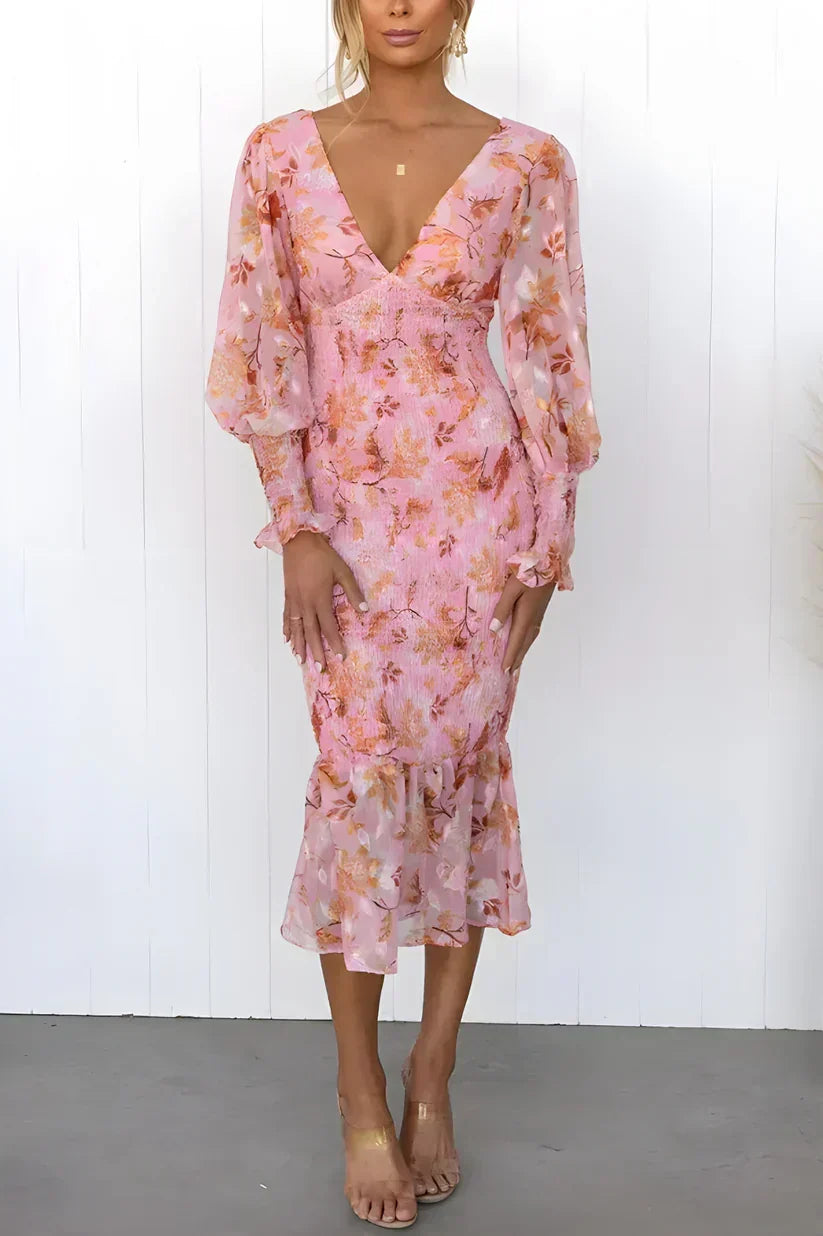 Vilhelmina | Floral Wedding Guest Midi Dress with V-Neck and Puff Sleeves for Women