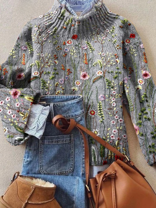 Abigail | Crew Neck Floral Ribbed Knit Sweater for Women