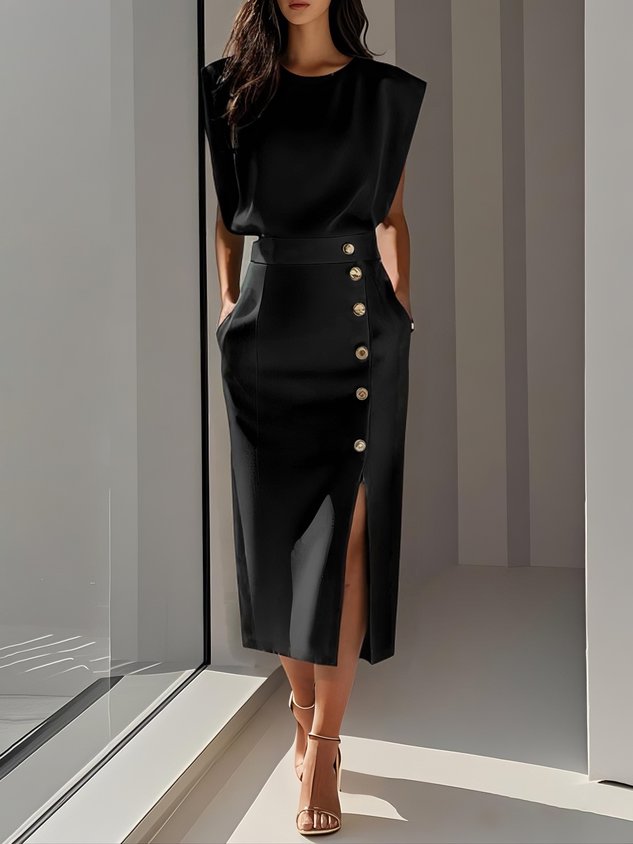 Anthea | Sleeveless Midi Dress with Button-Front for Women