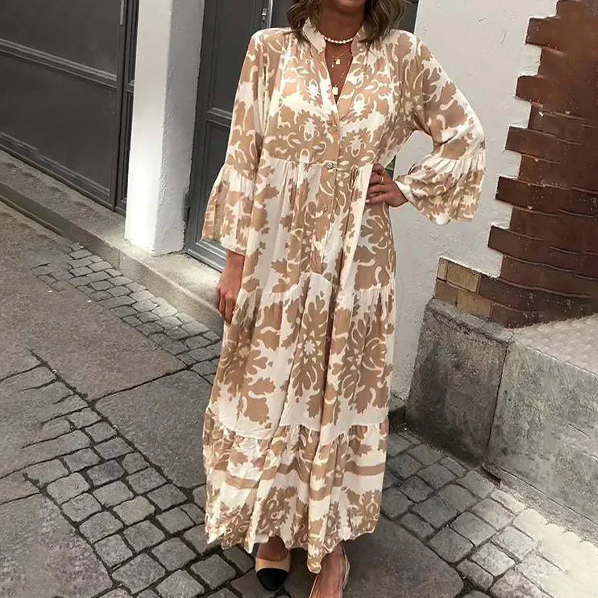 Ava | Boho Printed Long Sleeve Midi Dress