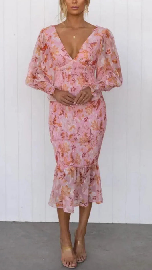Vilhelmina | Floral Wedding Guest Midi Dress with V-Neck and Puff Sleeves for Women