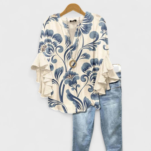 Elara | Blouse with V-Neck and Ruffled Sleeves for Women