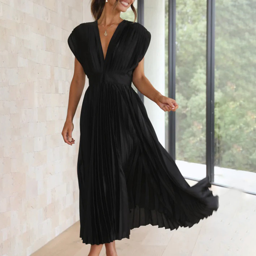 Maren | Wedding Guest Pleated Midi Dress with V-Neck for Women