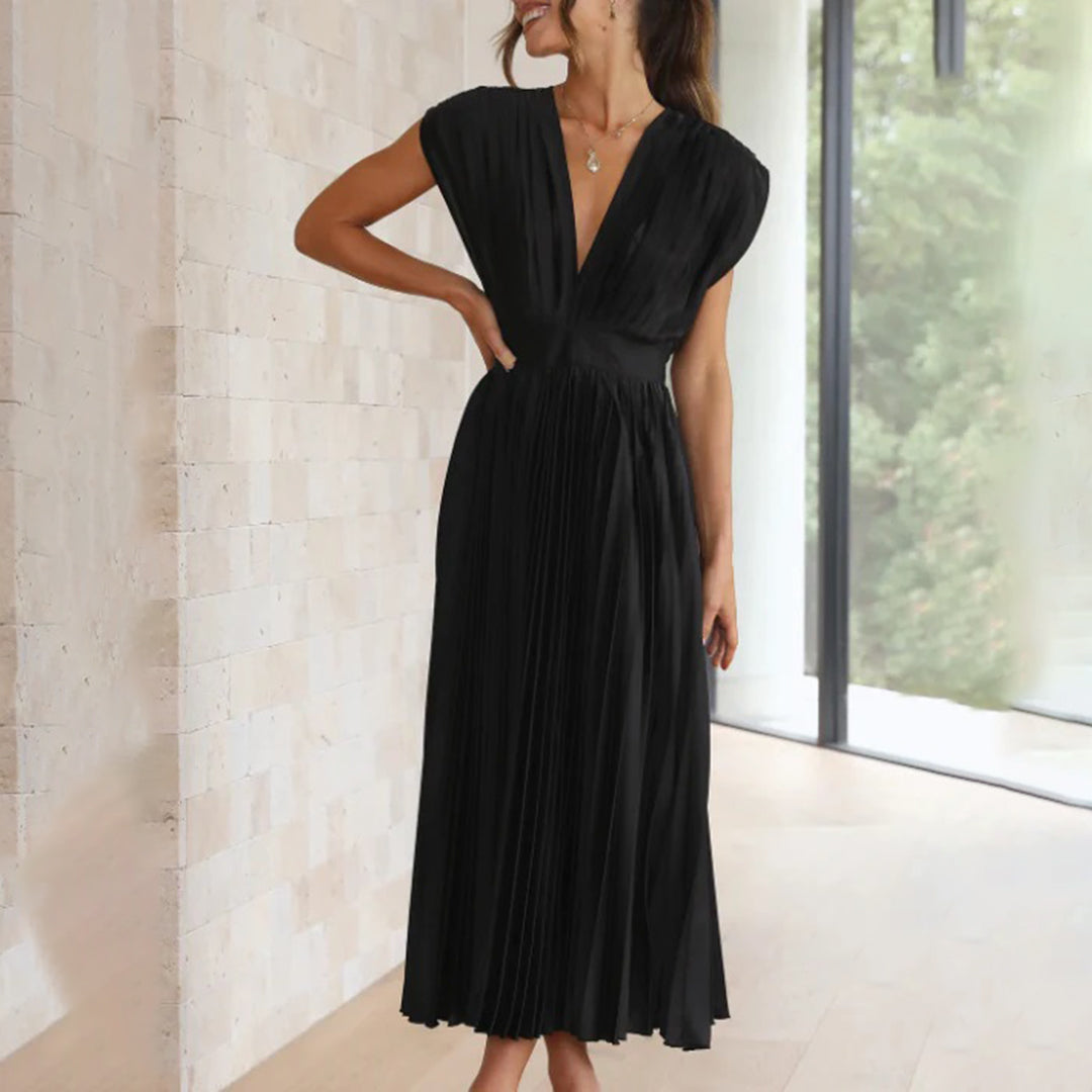 Maren | Wedding Guest Pleated Midi Dress with V-Neck for Women