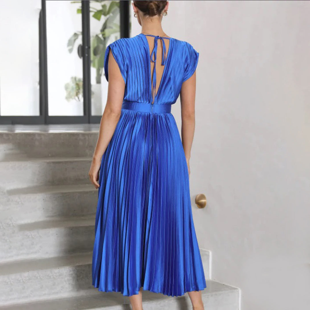 Maren | Wedding Guest Pleated Midi Dress with V-Neck for Women