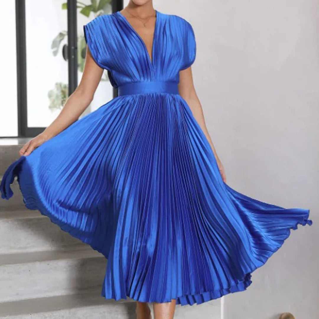 Maren | Wedding Guest Pleated Midi Dress with V-Neck for Women