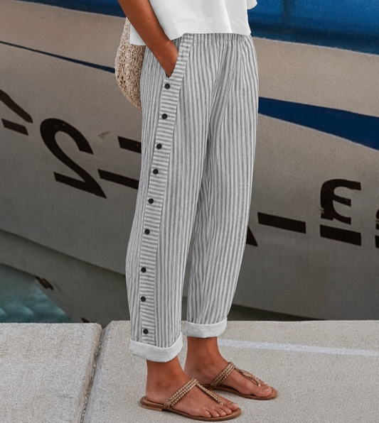 Striped Wide Leg Pants with Button Front for Women