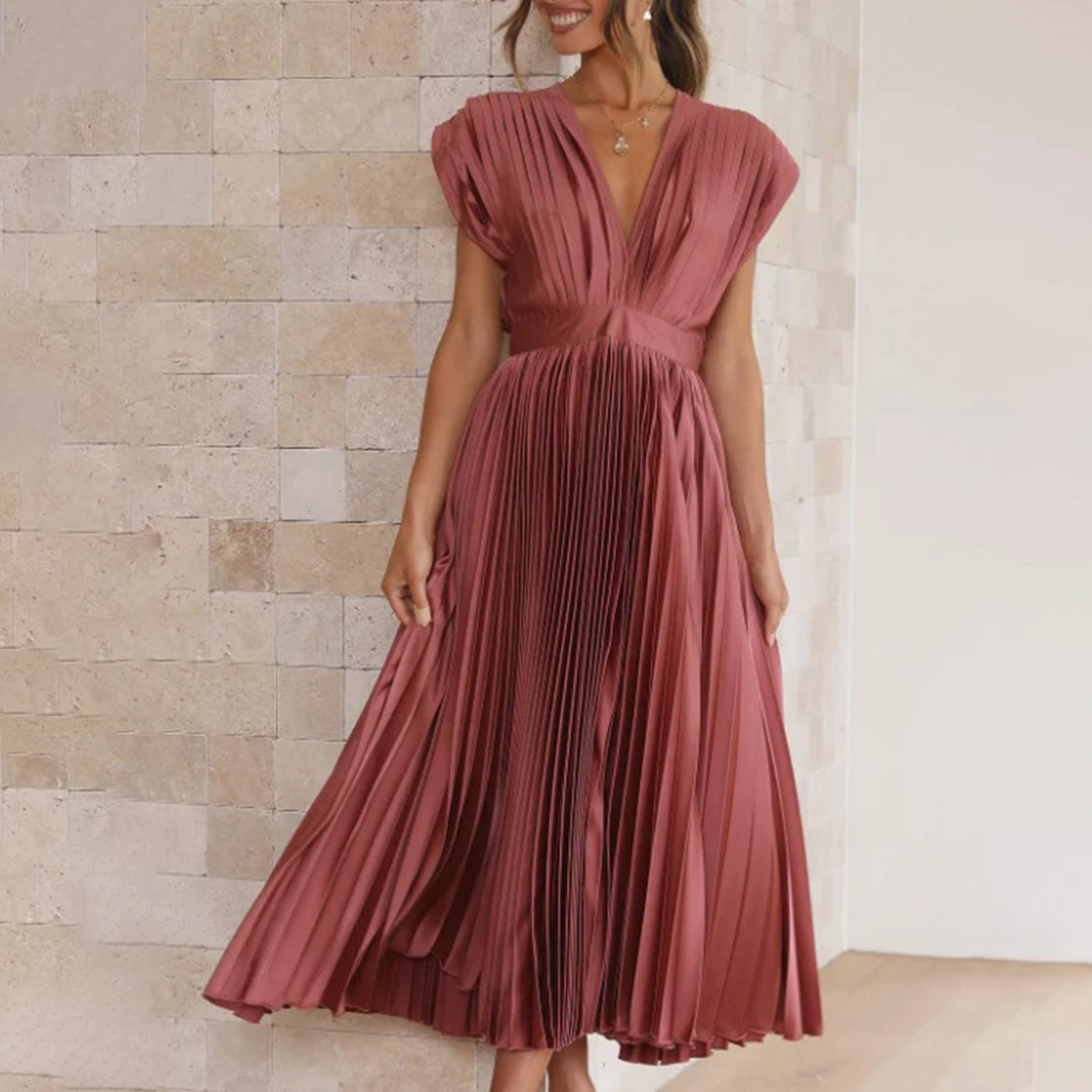 Maren | Wedding Guest Pleated Midi Dress with V-Neck for Women
