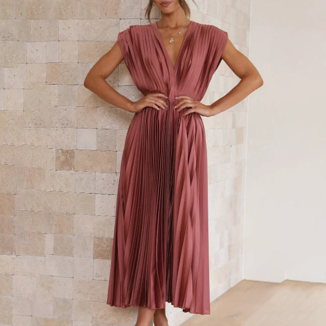 Maren | Wedding Guest Pleated Midi Dress with V-Neck for Women