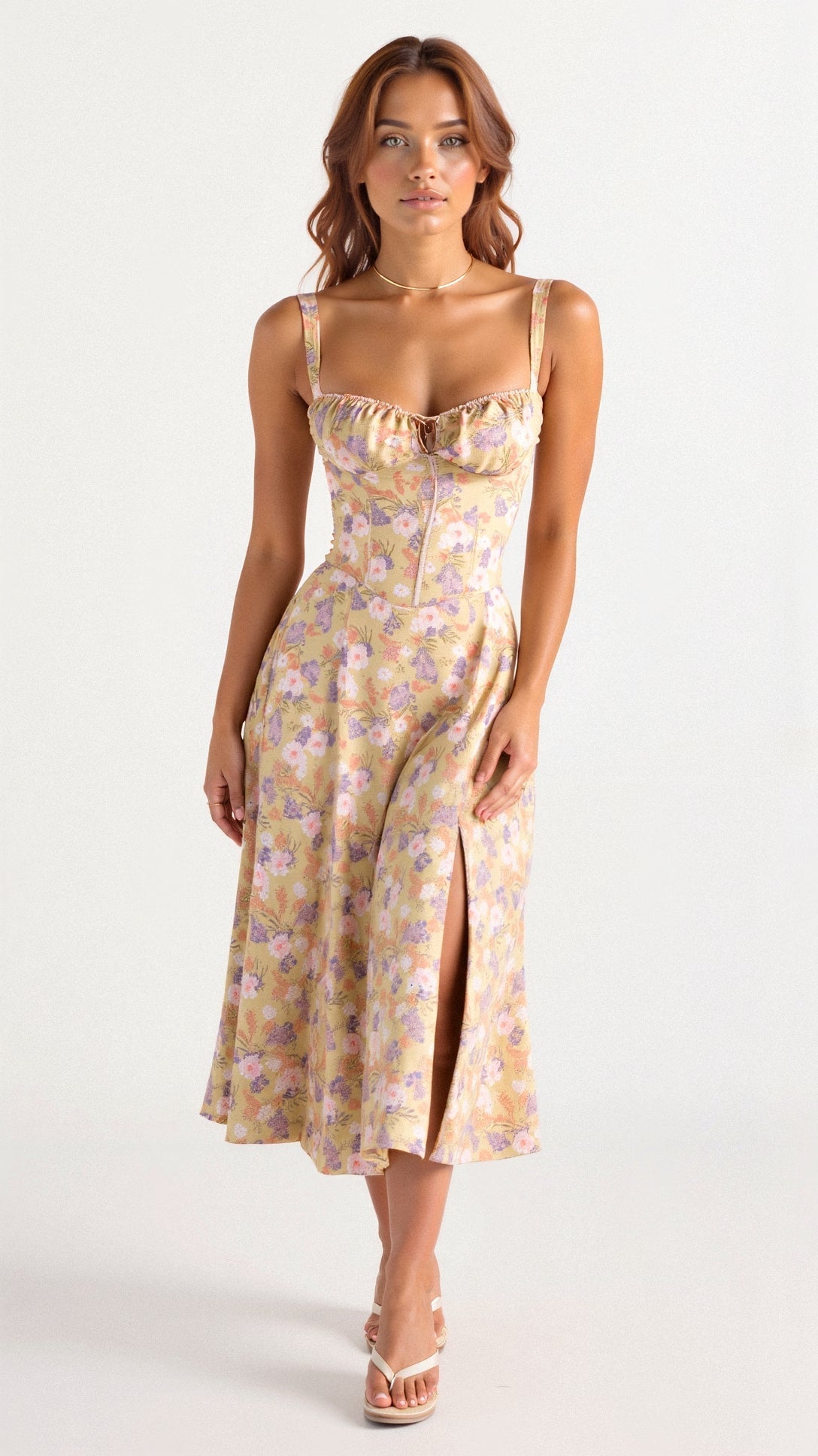 Thea | Floral Midi Dress with Sweetheart Neckline for Women