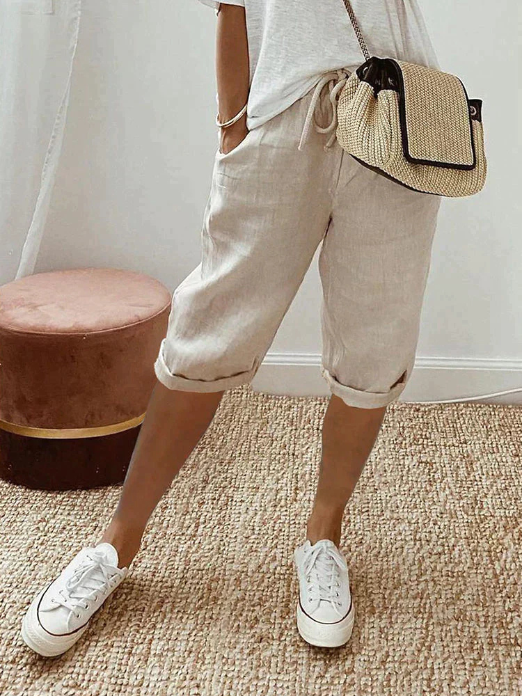 Cora | Linen Cropped Bermuda Shorts with Drawstring for Women