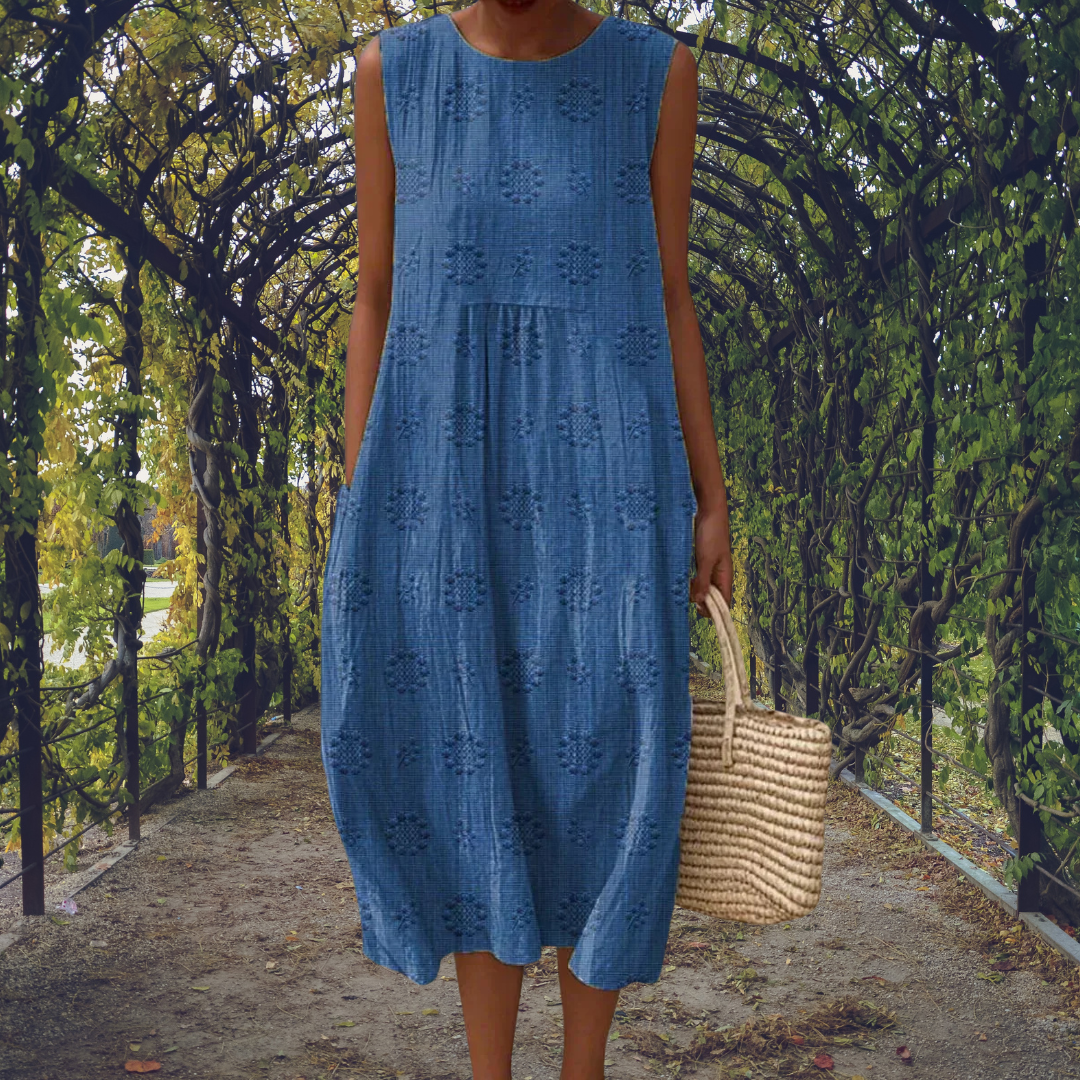 Riley | Embroidered Round Neck Sleeveless Midi Dress for Women