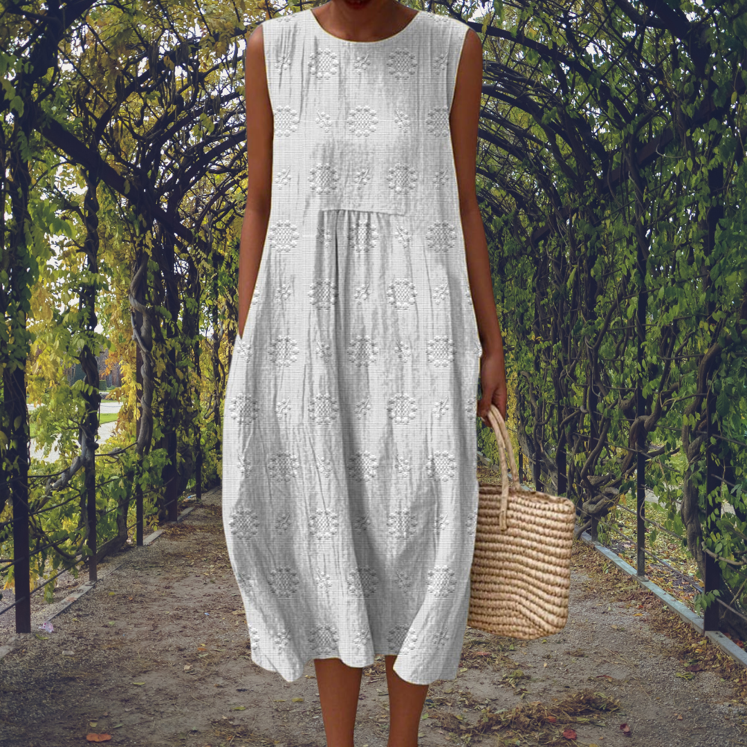 Riley | Embroidered Round Neck Sleeveless Midi Dress for Women