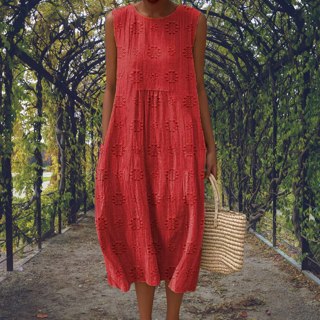 Riley | Embroidered Round Neck Sleeveless Midi Dress for Women