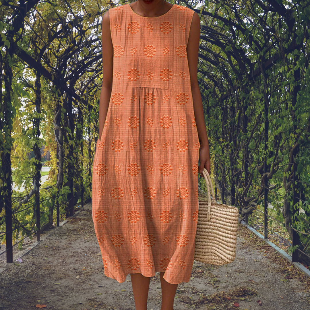 Riley | Embroidered Round Neck Sleeveless Midi Dress for Women