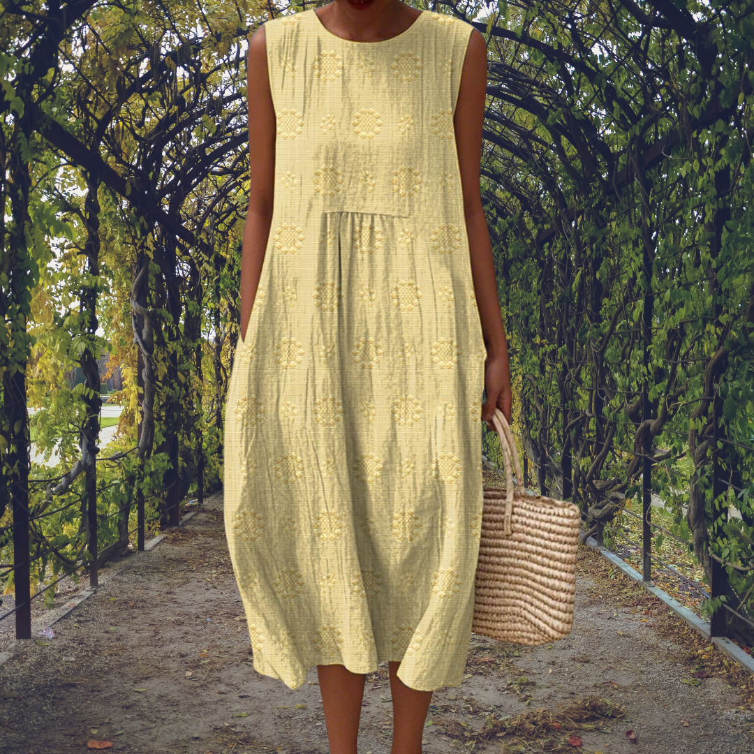 Riley | Embroidered Round Neck Sleeveless Midi Dress for Women