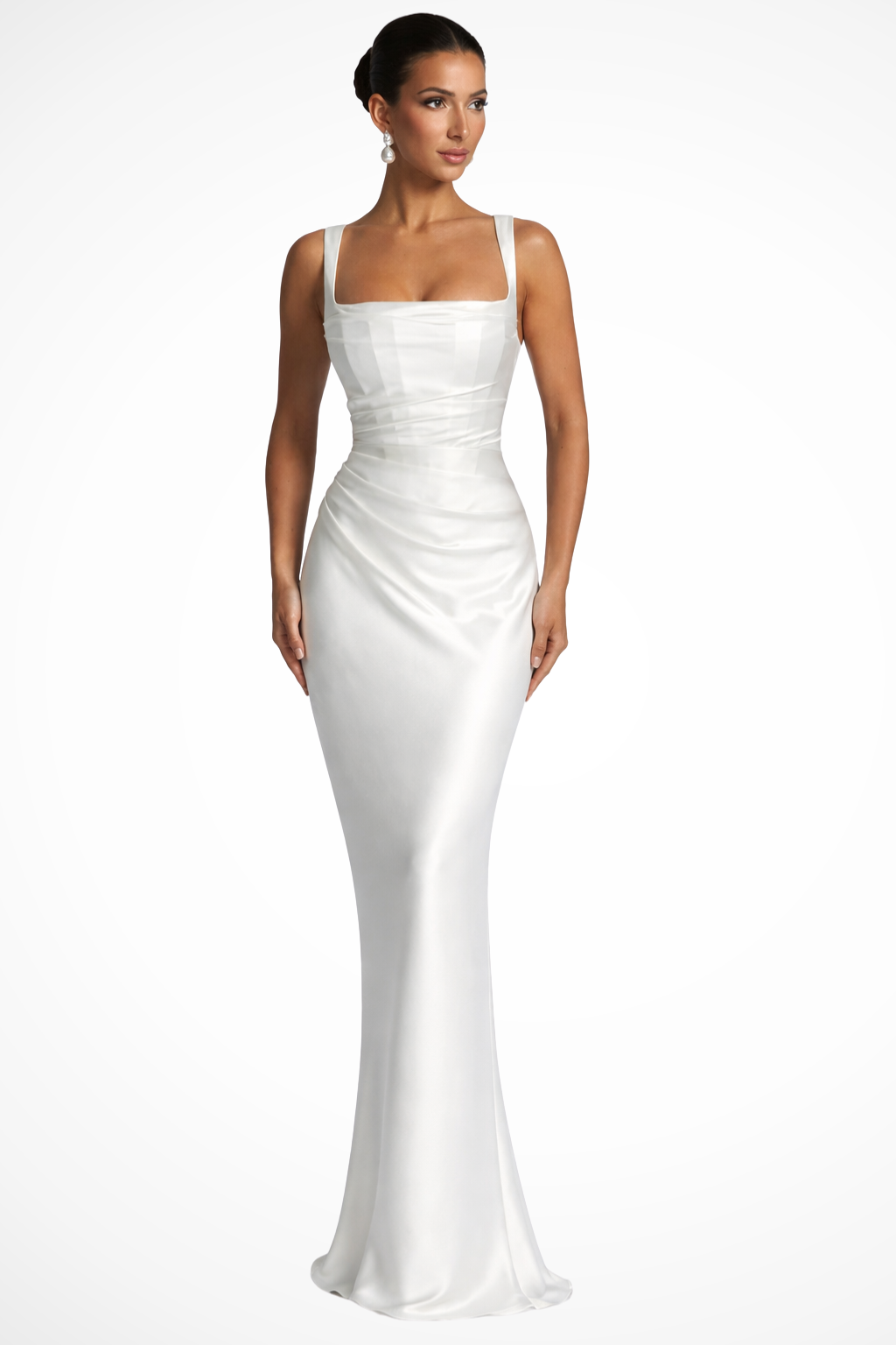 Vivienne | Satin Wedding Guest Ruched Maxi Dress with Square Neck for Women