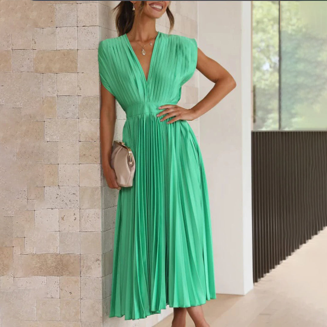 Maren | Wedding Guest Pleated Midi Dress with V-Neck for Women